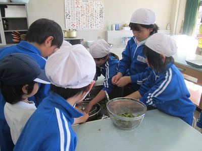 家庭科室で水洗い、ゆでる。